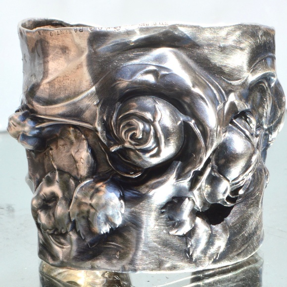 Rare Antique Solid Sterling Silver 925 Wide Cuff Floral Repoussé Wedding Bridal - Picture 5 of 8